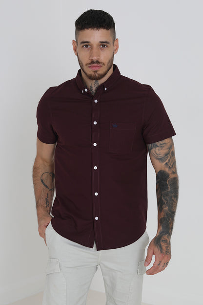 Brave Soul Burgundy Cotton Oxford Short Sleeve Shirt - Burgundy Image 1