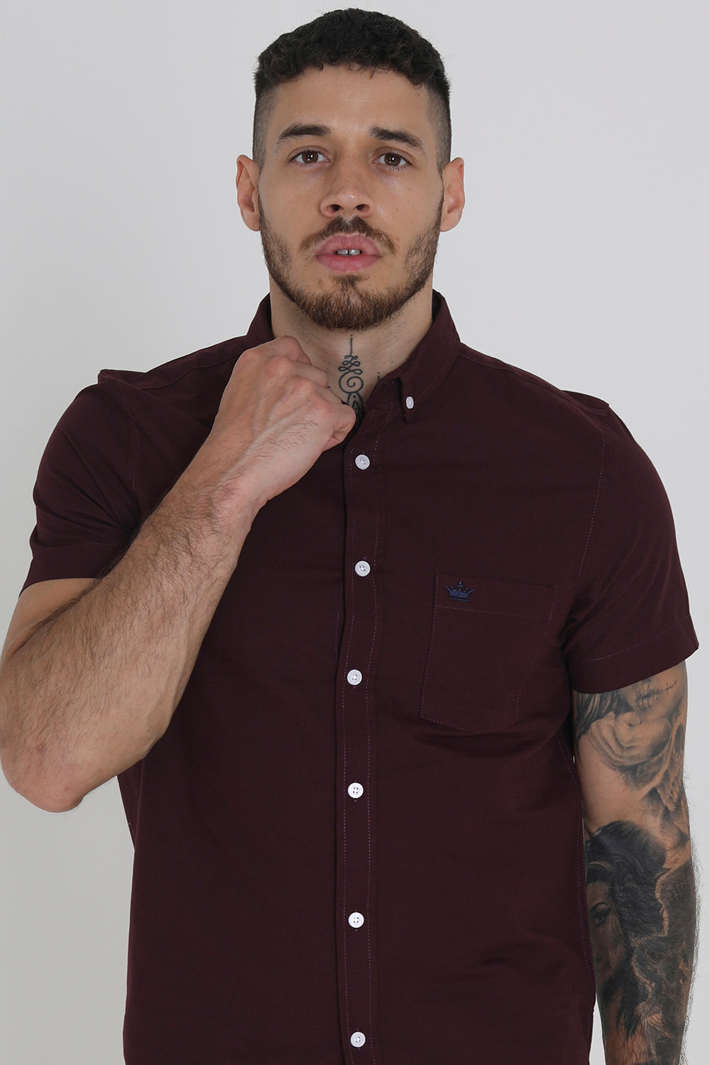 Brave Soul Burgundy Cotton Oxford Short Sleeve Shirt - Burgundy Image 3