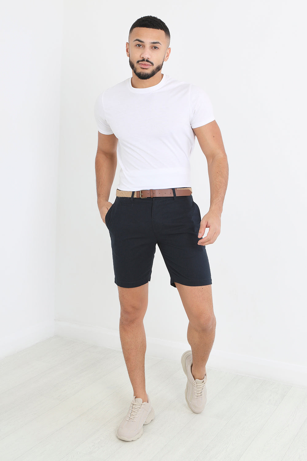 Brave Soul Navy Slim Fit Linen Blend Chino Shorts With Belt - Navy Image 3