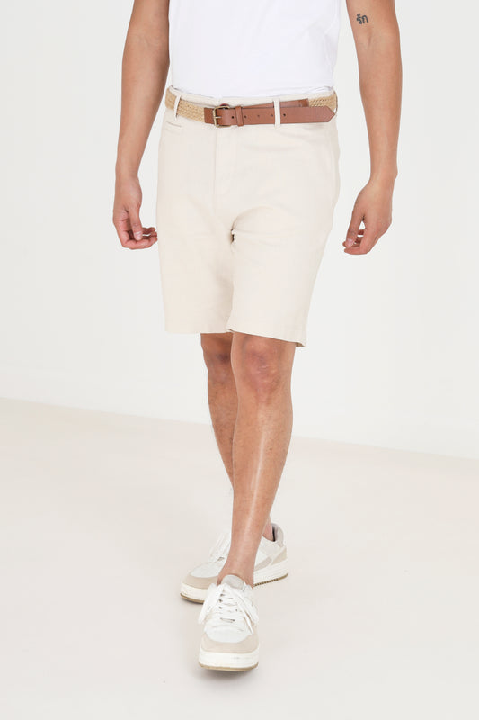 Brave Soul Light Stone Slim Fit Linen Blend Chino Shorts With Belt - Light Stone Image 1