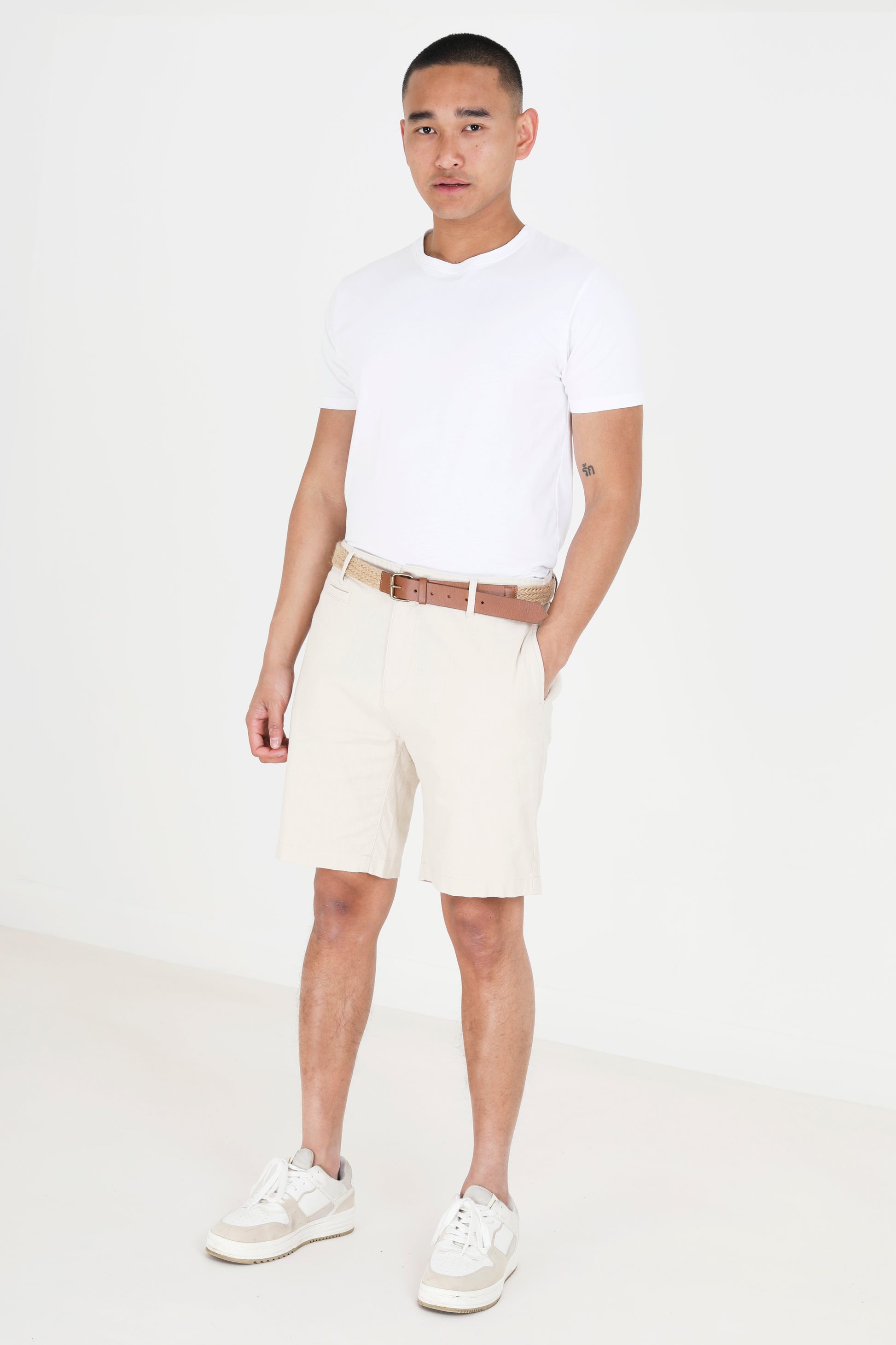 Brave Soul Light Stone Slim Fit Linen Blend Chino Shorts With Belt - Light Stone Image 3