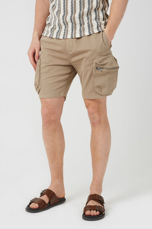 Brave Soul Stone Cotton Twill Chino Cargo Shorts - Stone Image 1