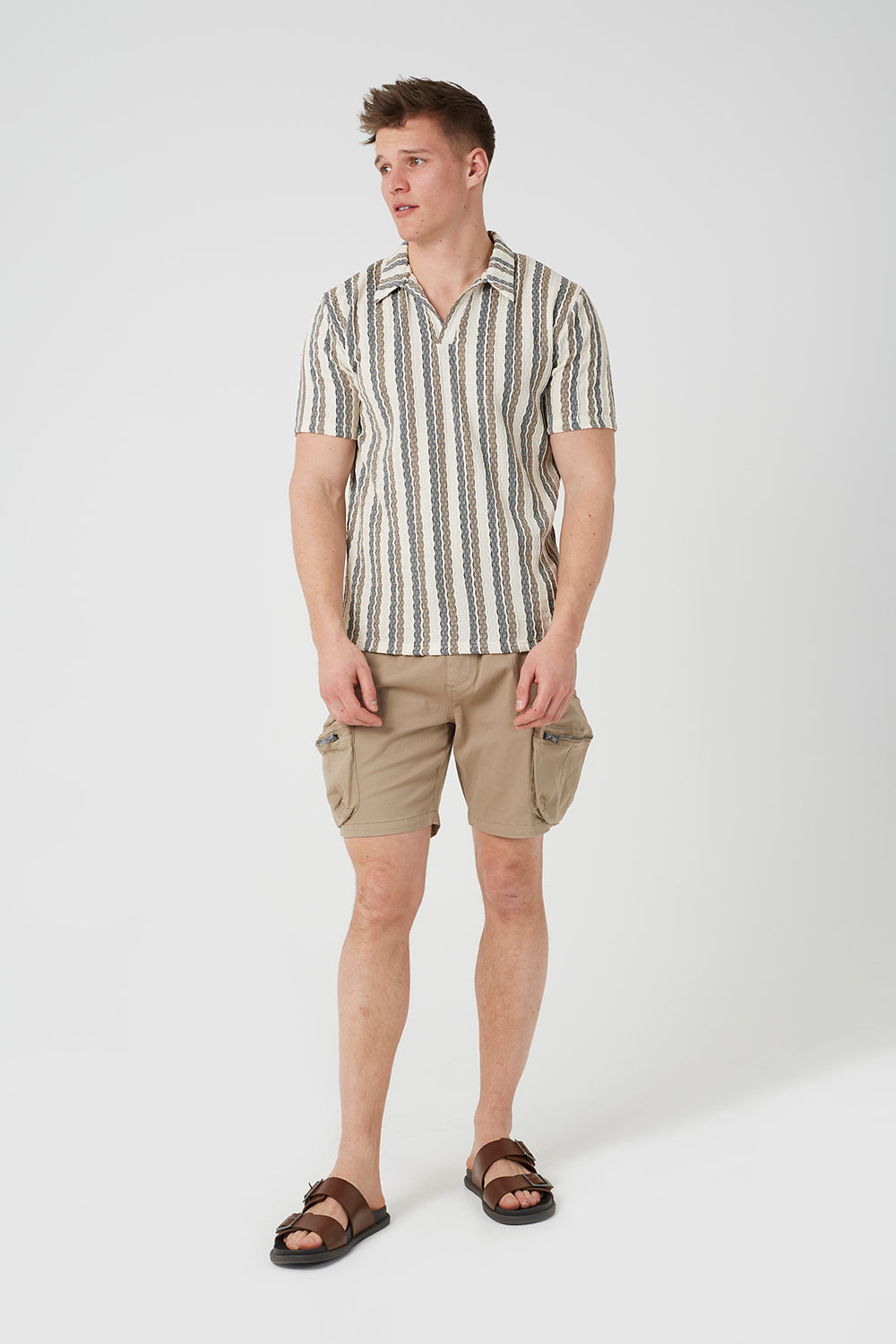 Brave Soul Stone Cotton Twill Chino Cargo Shorts - Stone Image 3