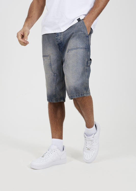 Brave Soul Mid Blue Loose Fit Carpenter Style Denim Shorts - Mid Blue Image 1