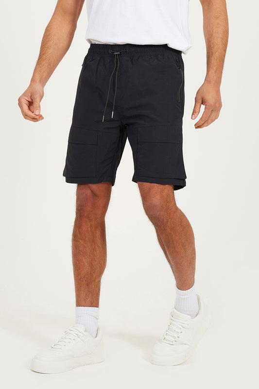 Brave Soul Black Cotton Utility Elasticated Waist Shorts - Black Image 1
