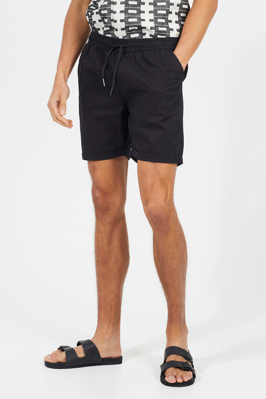 Brave Soul Black Cotton Chino Shorts with Turn Up Hem - Black Image 1