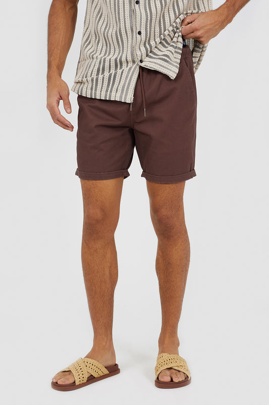 Brave Soul Chocolate Cotton Chino Shorts with Turn Up Hem - Chocolate Image 1