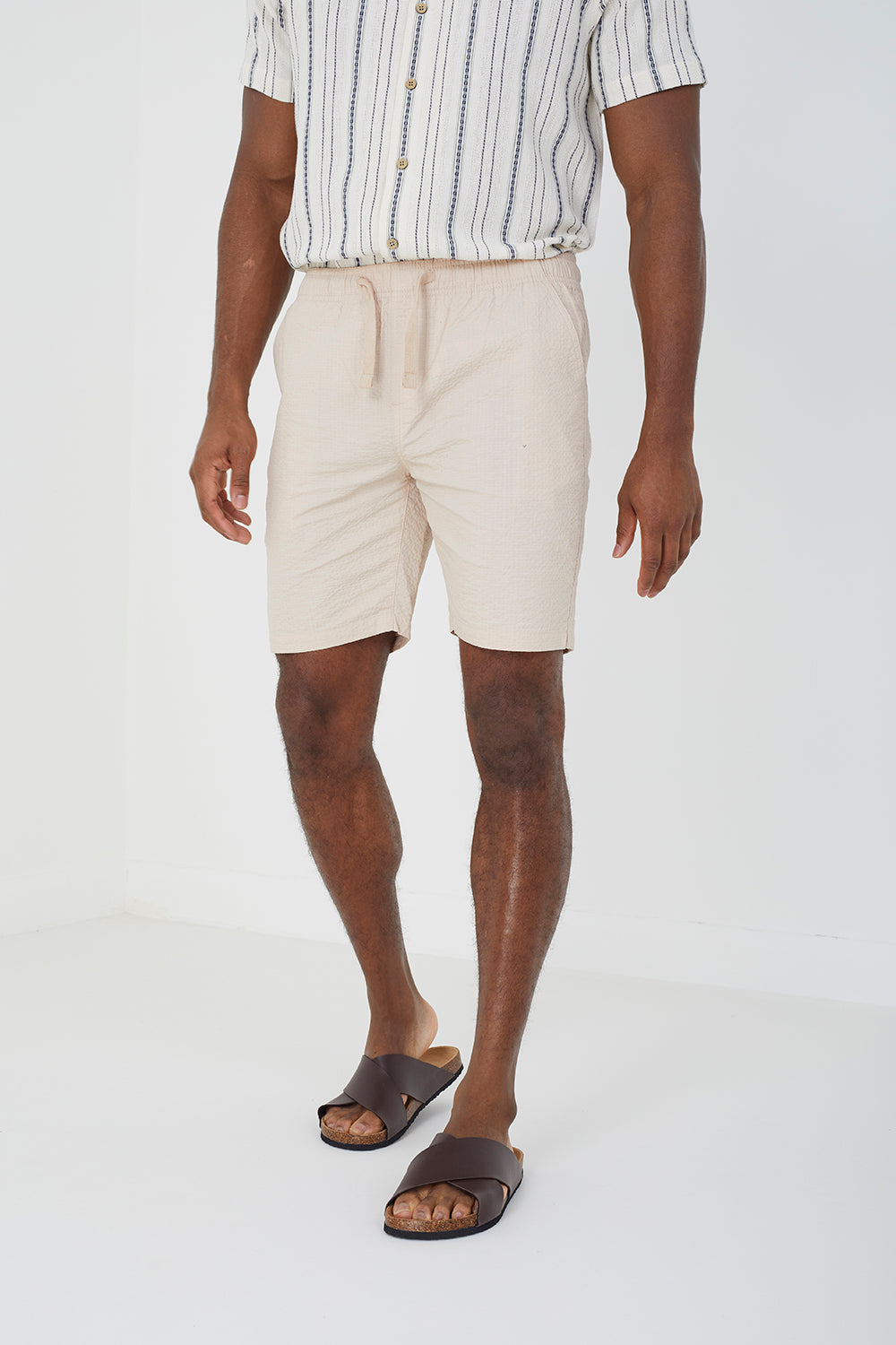 Brave Soul Stone Cotton Seersucker Shorts - Stone Image 1