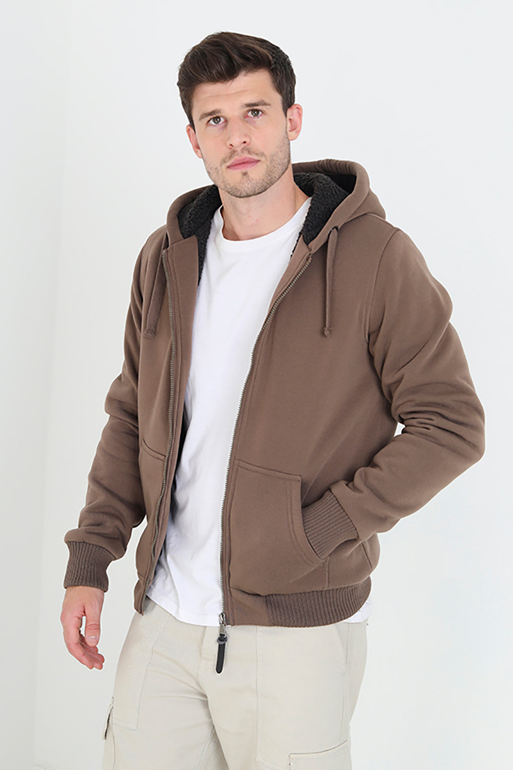 Brave Soul Taupe Borg Lined Zip Through Hoodie - Taupe Image 1
