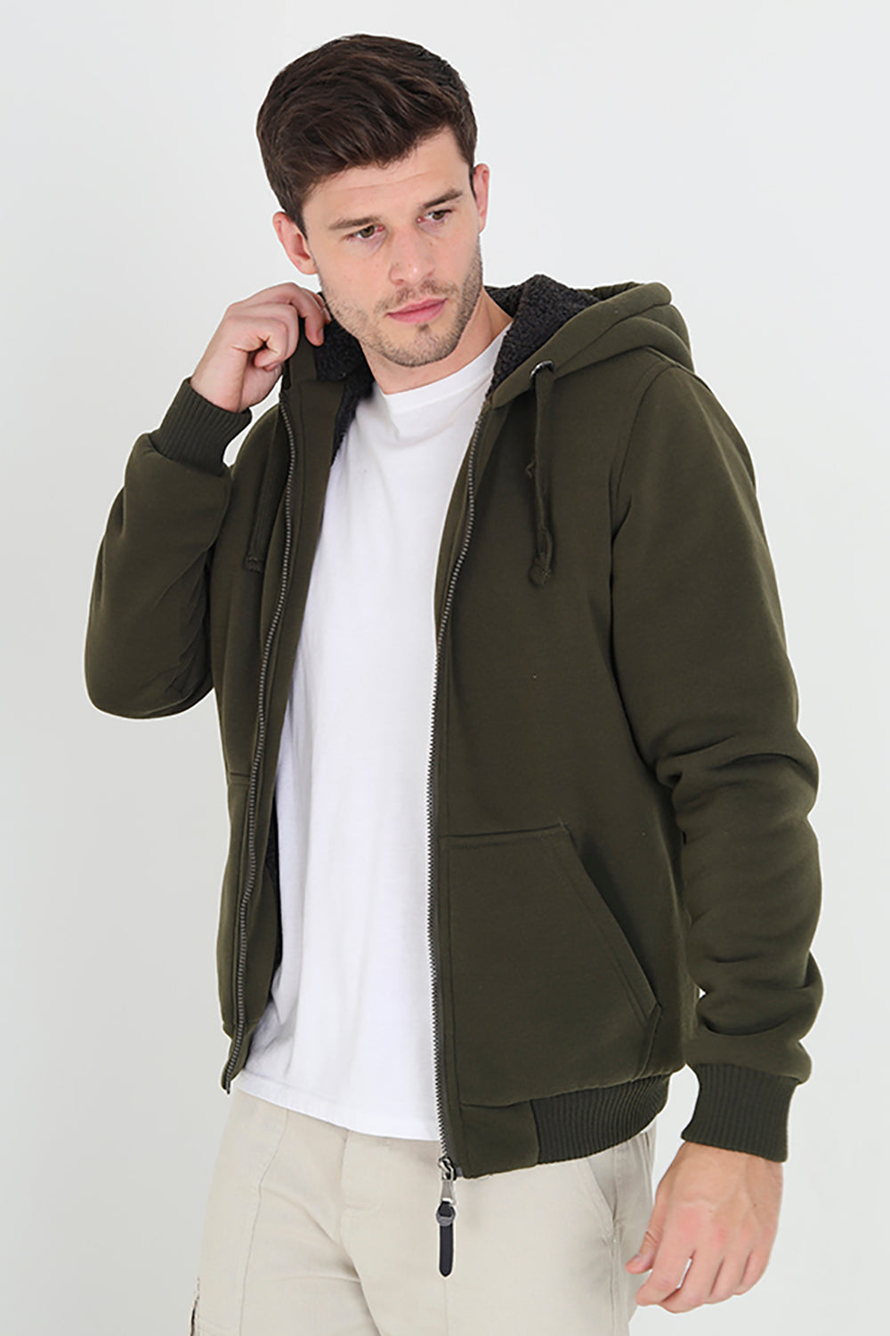 Brave Soul Khaki Borg Lined Zip Through Hoodie - Khaki Image 1