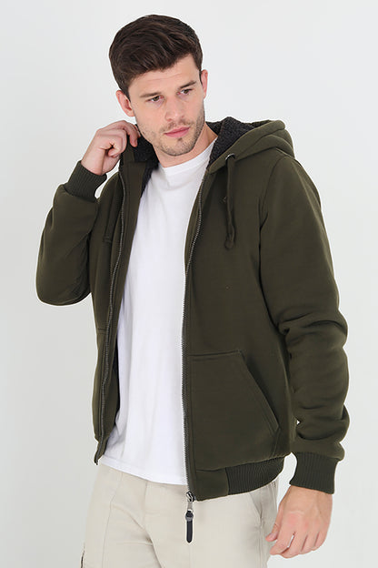 Brave Soul Khaki Borg Lined Zip Through Hoodie - Khaki Image 1