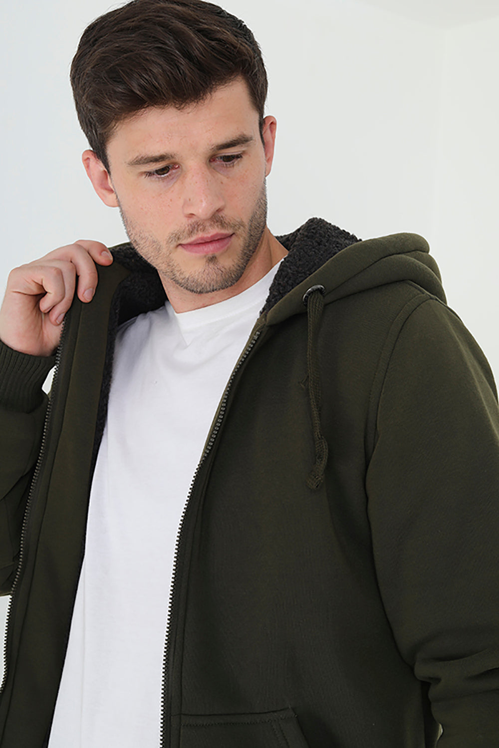 Brave Soul Khaki Borg Lined Zip Through Hoodie - Khaki Image 3