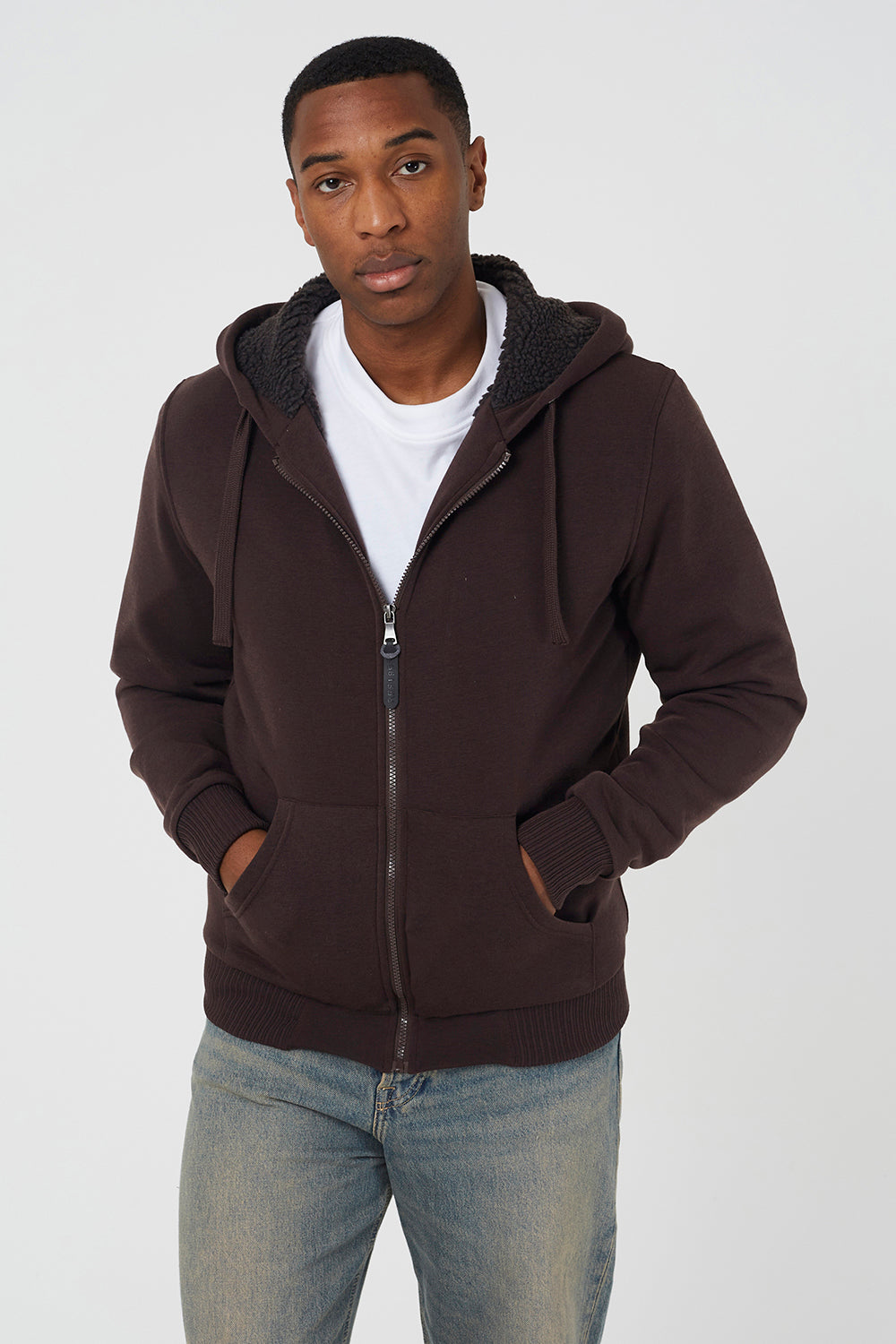 Brave Soul Chocolate Zip Through Sherpa Lined Hoodie - Chocolate Image 1
