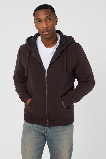 Brave Soul Chocolate Zip Through Sherpa Lined Hoodie - Chocolate Image 1