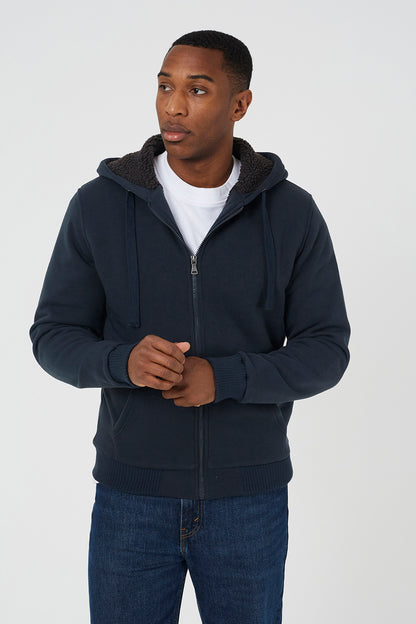 Brave Soul Dark Navy Zip Through Sherpa Lined Hoodie - Dark Navy Image 1