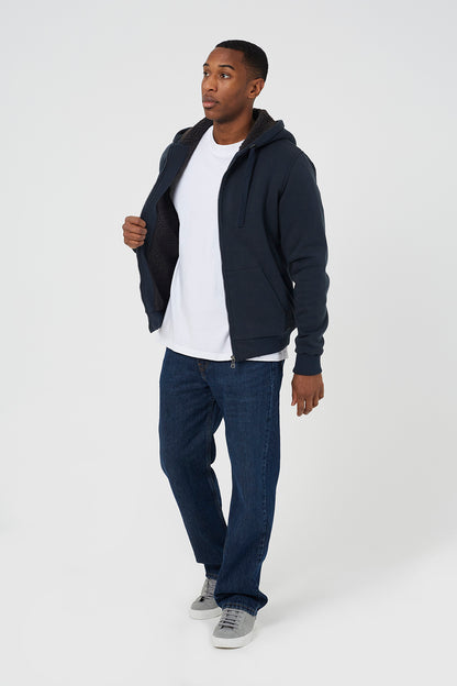 Brave Soul Dark Navy Zip Through Sherpa Lined Hoodie - Dark Navy Image 3