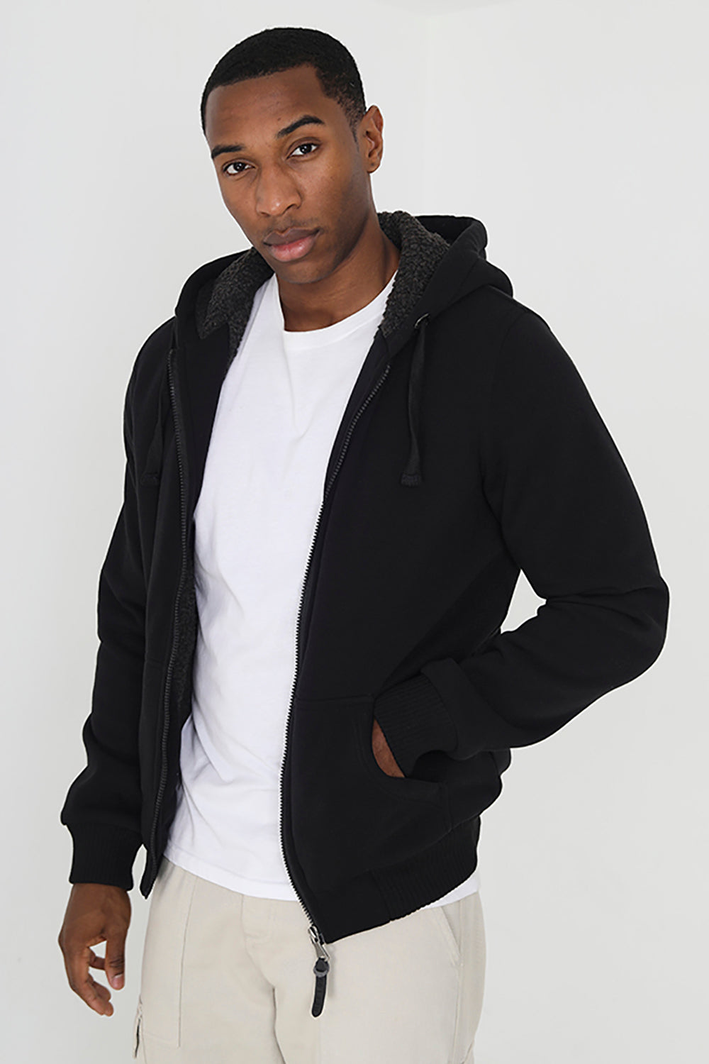 Brave Soul Black Borg Lined Zip Through Hoodie - Black Image 1