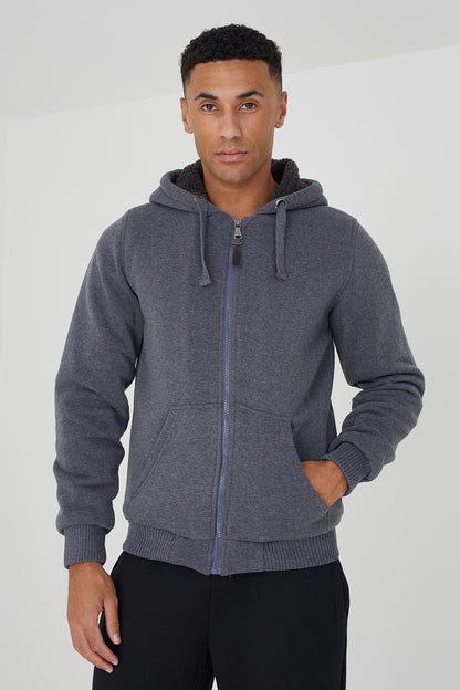 Brave Soul Charcoal Borg Lined Zip Through Hoodie - Charcoal Image 1