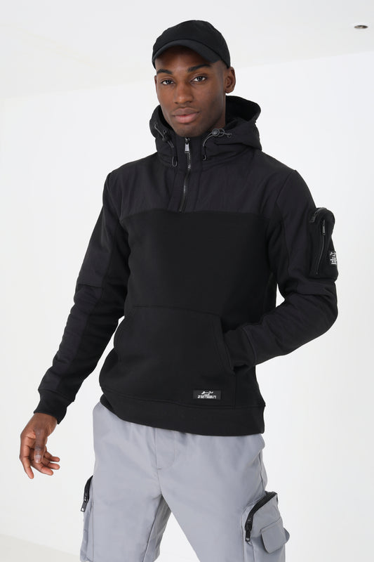 Brave Soul Black Mixed Fabric Overhead Hoodie - Black Image 1