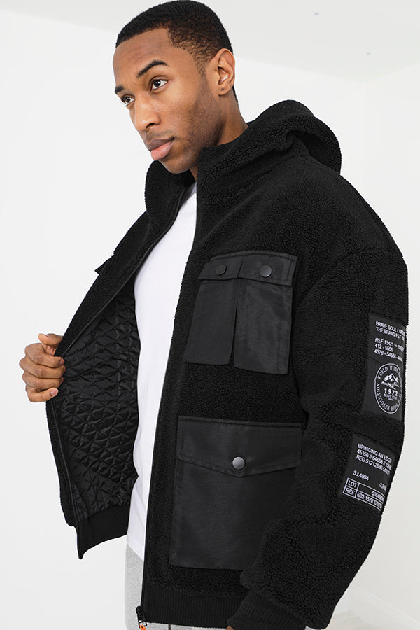 Brave Soul Black Teddy Cargo Style Jacket - Black Image 1