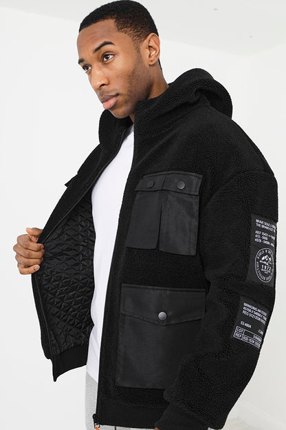 Brave Soul Black Teddy Cargo Style Jacket - Black Image 1