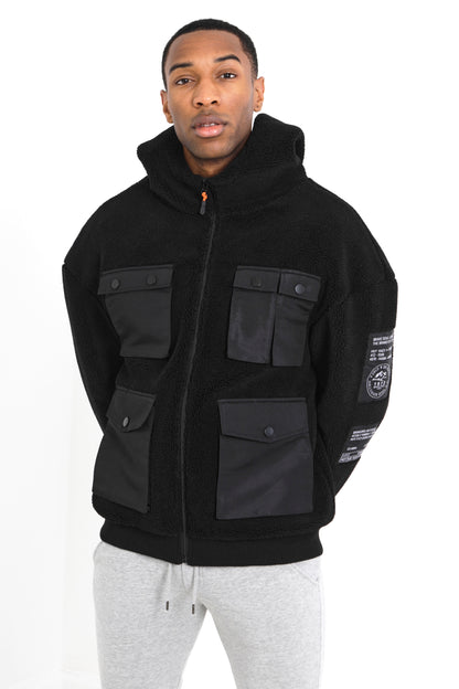 Brave Soul Black Teddy Cargo Style Jacket - Black Image 3