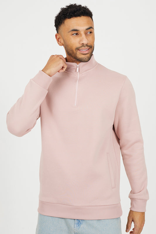 Brave Soul Pink Funnel Neck 1/4 Zip Sweatshirt - Pink Image 1
