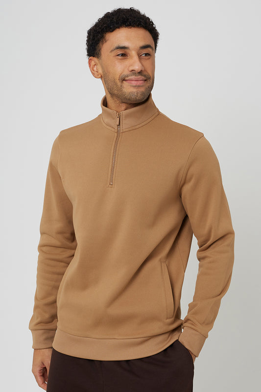 Brave Soul Camel Funnel Neck 1/4 Zip Sweatshirt - Camel Image 1