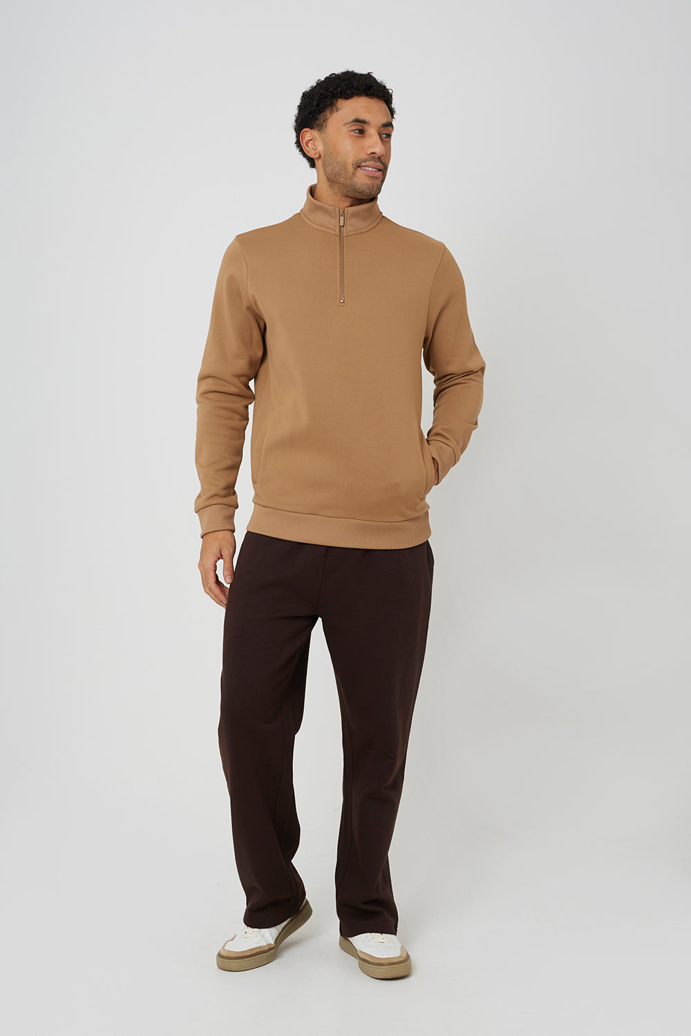 Brave Soul Camel Funnel Neck 1/4 Zip Sweatshirt - Camel Image 3