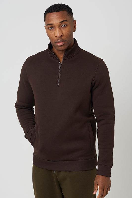 Brave Soul Chocolate Funnel Neck 1/4 Zip Sweatshirt - Chocolate Image 1