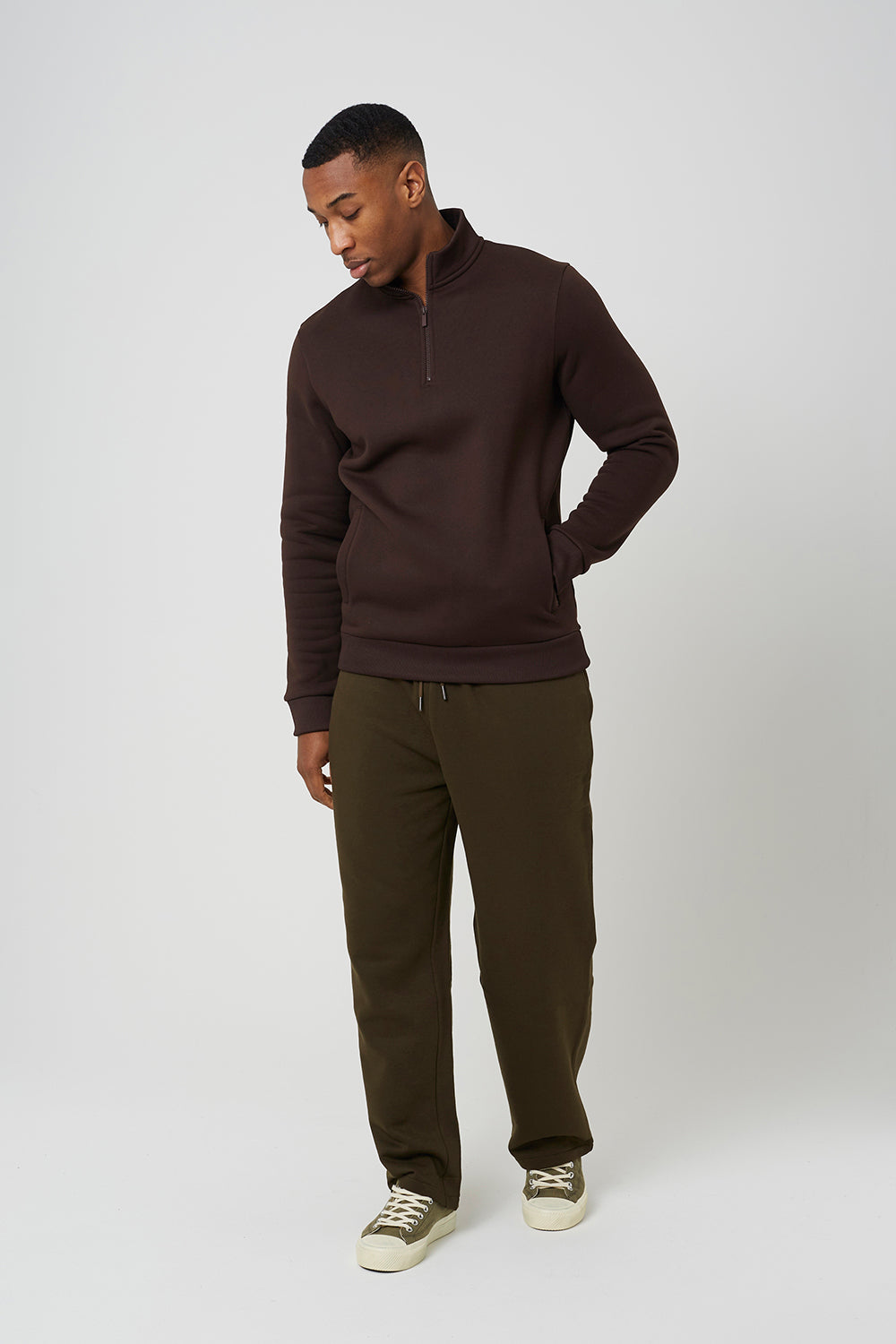 Brave Soul Chocolate Funnel Neck 1/4 Zip Sweatshirt - Chocolate Image 3