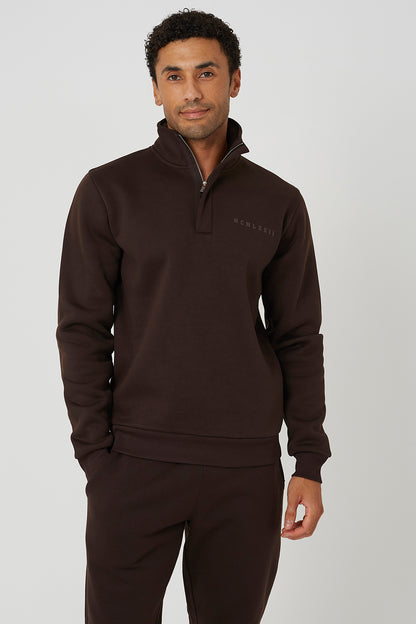 Brave Soul Chocolate Quarter Zip Sweatshirt - Chocolate Image 1