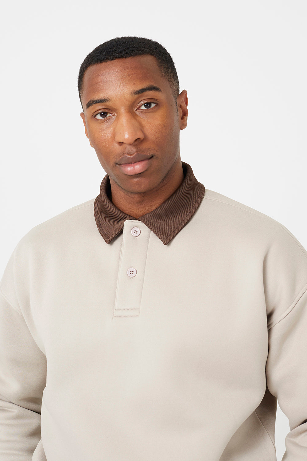 Brave Soul Light Sand Contrast Collar Long Sleeve Polo Shirt - Light Sand Image 4