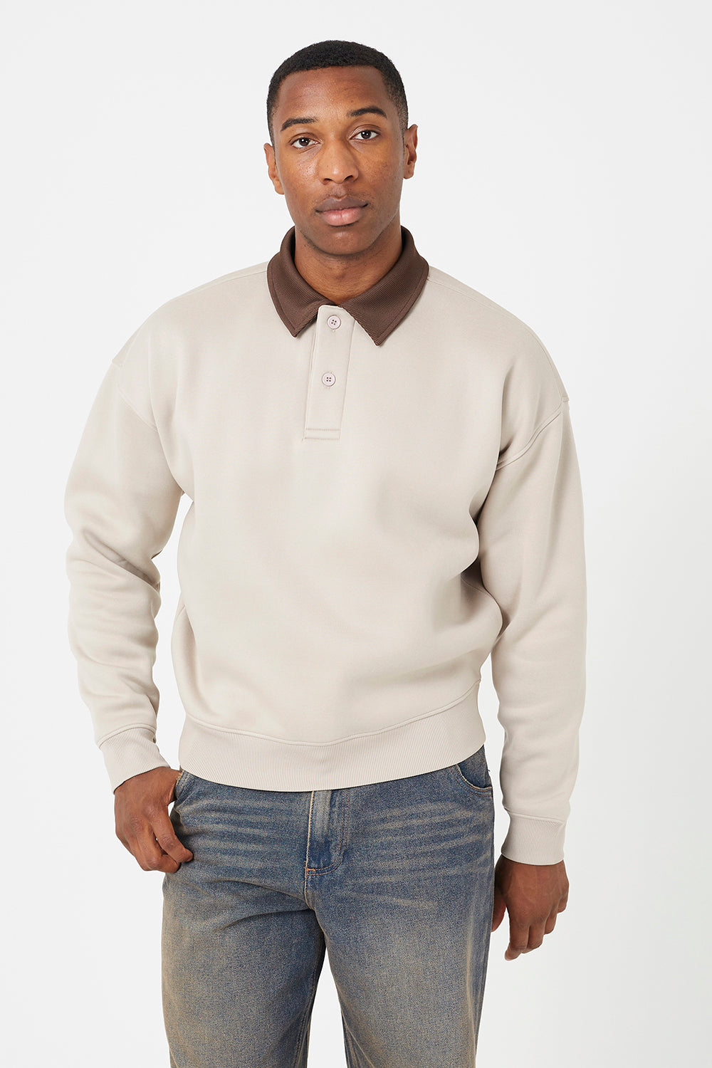 Brave Soul Light Sand Contrast Collar Long Sleeve Polo Shirt - Light Sand Image 1
