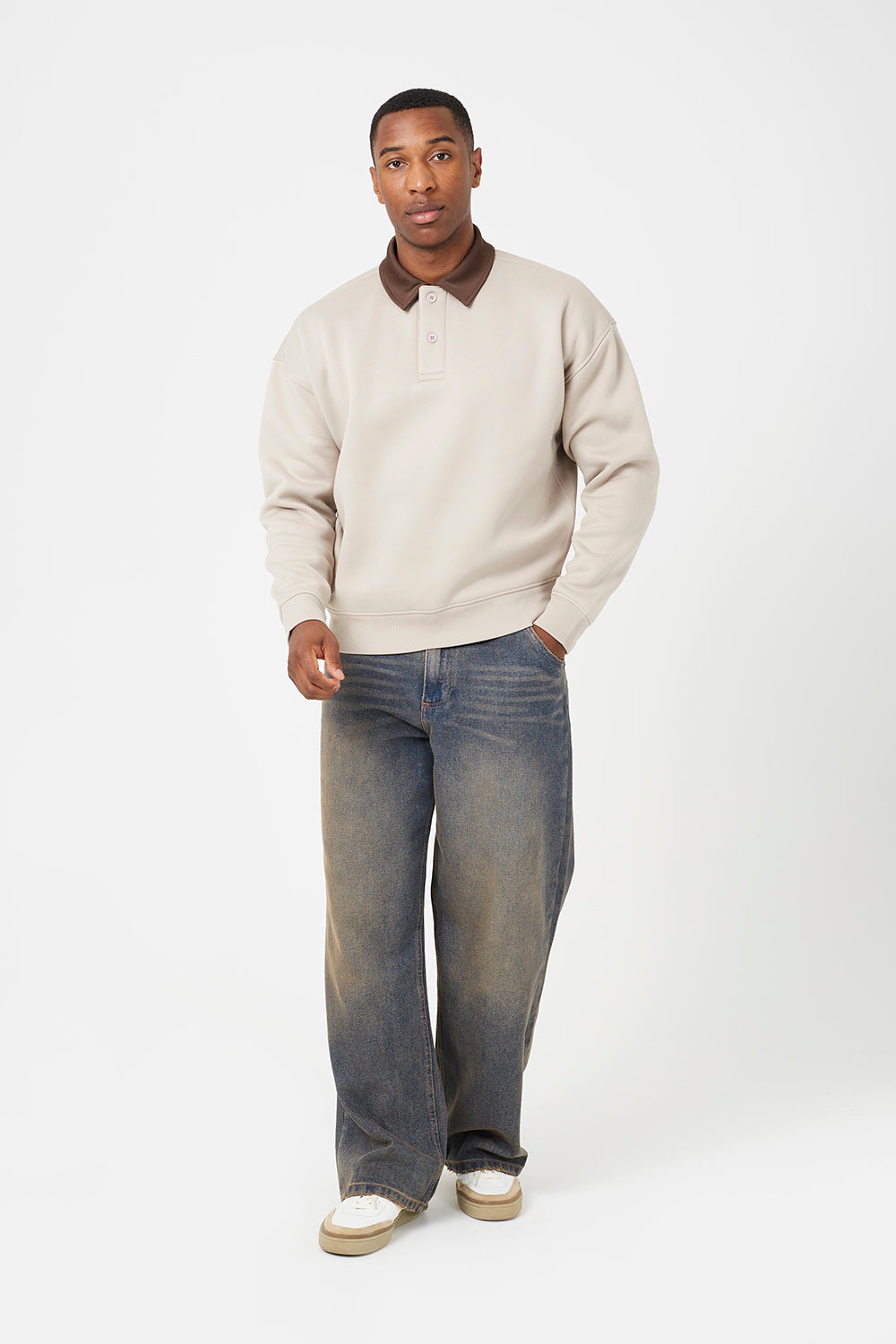 Brave Soul Light Sand Contrast Collar Long Sleeve Polo Shirt - Light Sand Image 3