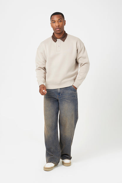 Brave Soul Light Sand Contrast Collar Long Sleeve Polo Shirt - Light Sand Image 3