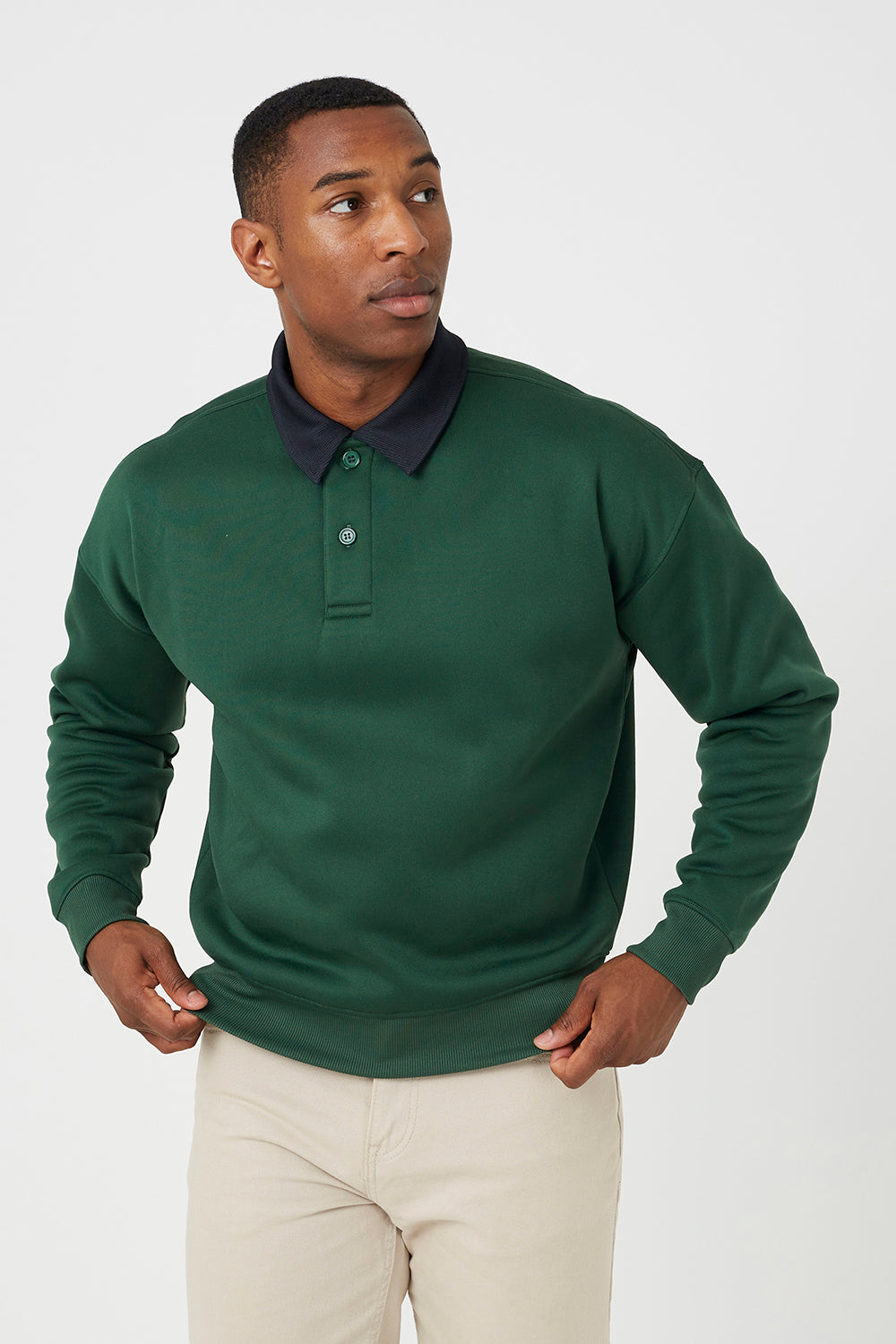 Brave Soul Green Contrast Collar Long Sleeve Polo Shirt - Green Image 1