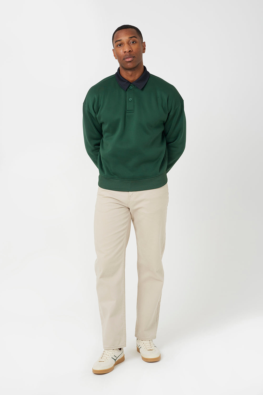 Brave Soul Green Contrast Collar Long Sleeve Polo Shirt - Green Image 3