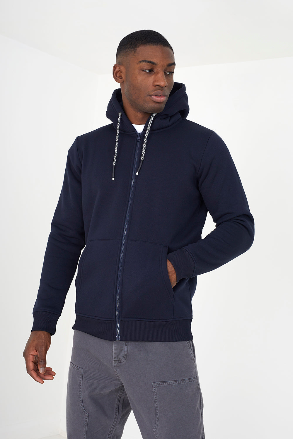 Brave Soul Navy Zip Through Hoodie - Navy Image 1