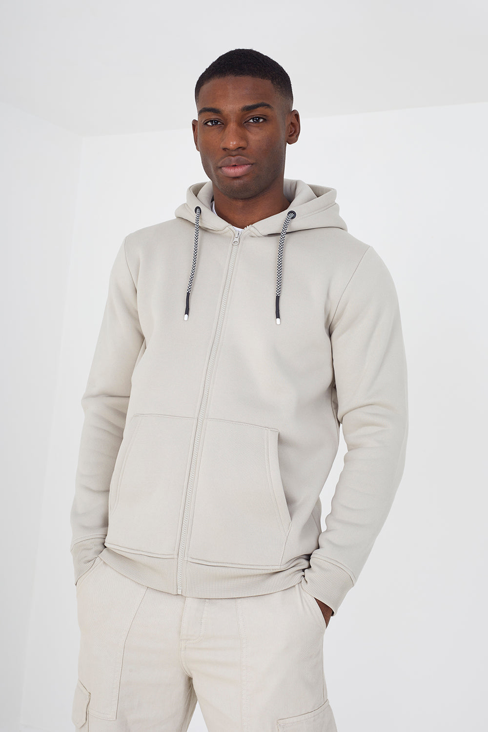 Brave Soul Light Stone Zip Through Hoodie - Light Stone Image 1