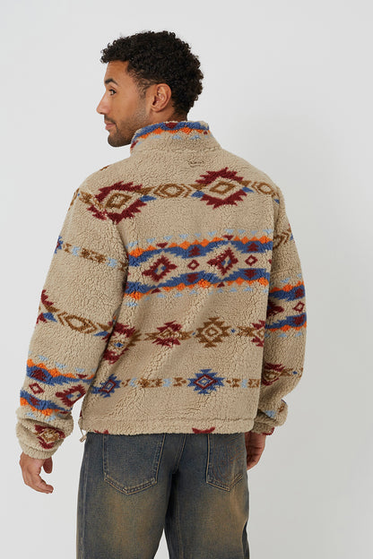 Brave Soul Cream Patterned Quarter Zip Borg Fleece - Cream Image 2