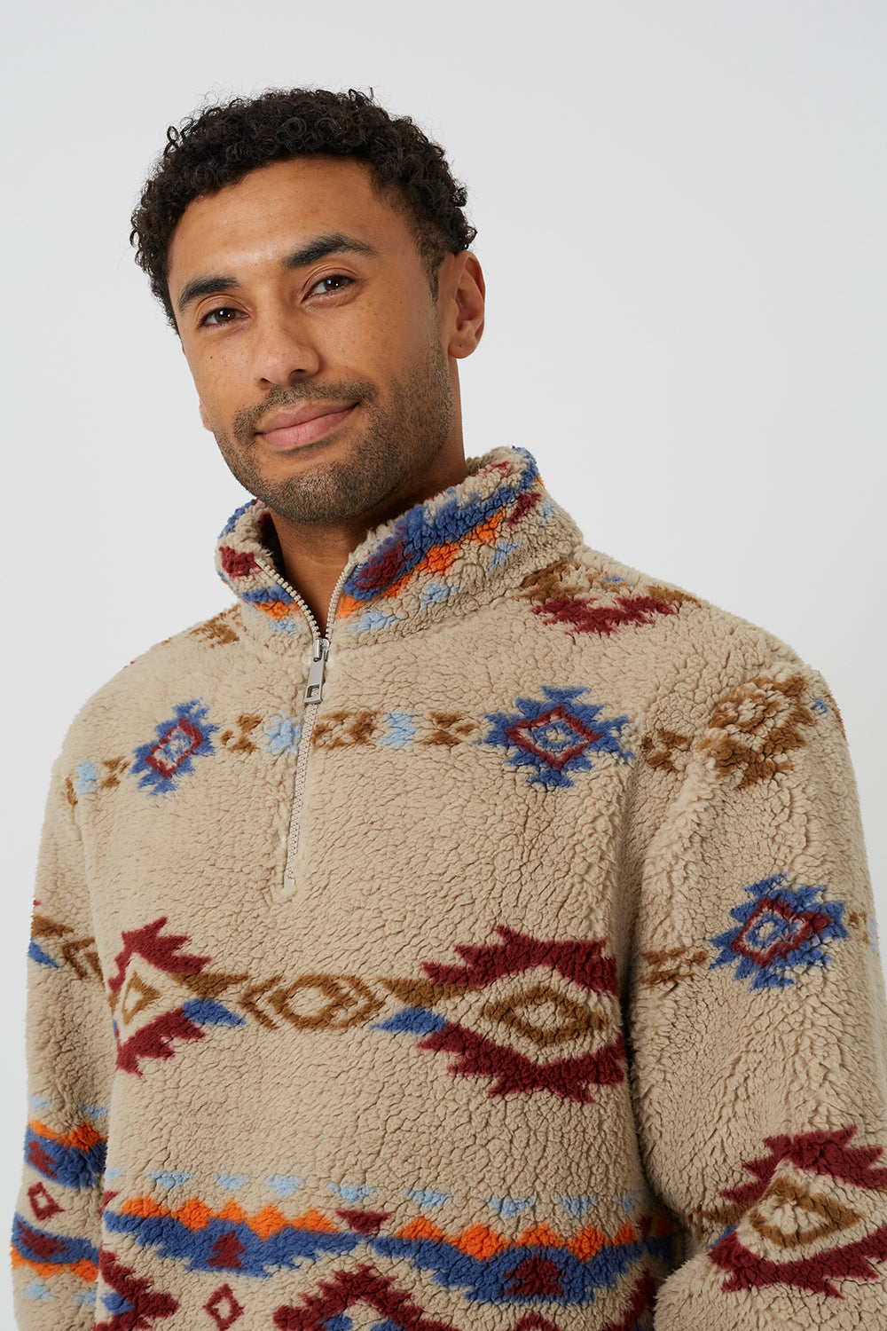 Brave Soul Cream Patterned Quarter Zip Borg Fleece - Cream Image 4