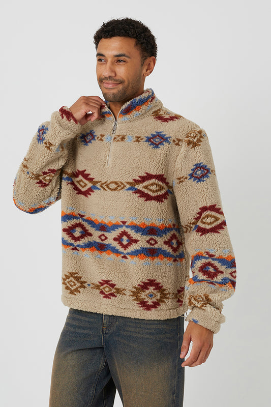 Brave Soul Cream Patterned Quarter Zip Borg Fleece - Cream Image 1