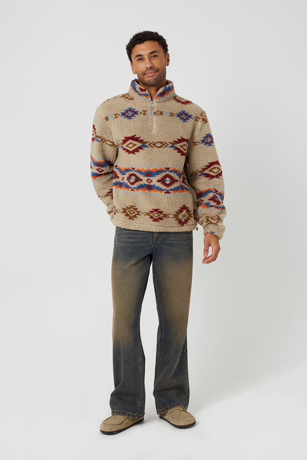 Brave Soul Cream Patterned Quarter Zip Borg Fleece - Cream Image 3
