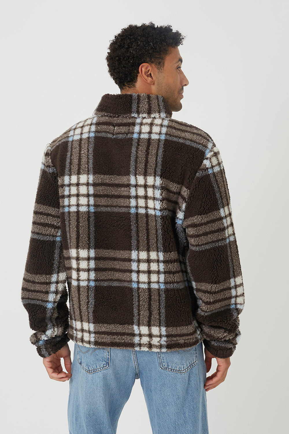 Brave Soul Brown Checked Quarter Zip Borg Fleece - Brown Image 2