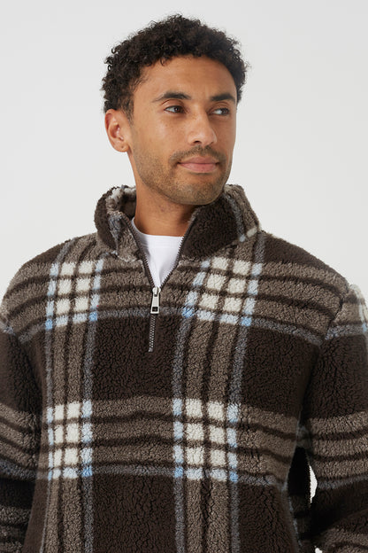 Brave Soul Brown Checked Quarter Zip Borg Fleece - Brown Image 4