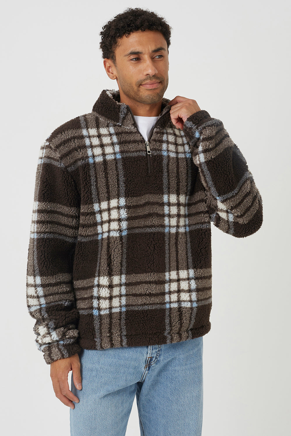Brave Soul Brown Checked Quarter Zip Borg Fleece - Brown Image 1