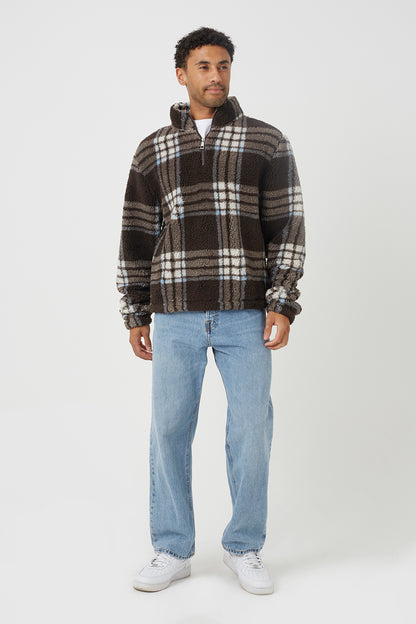 Brave Soul Brown Checked Quarter Zip Borg Fleece - Brown Image 3