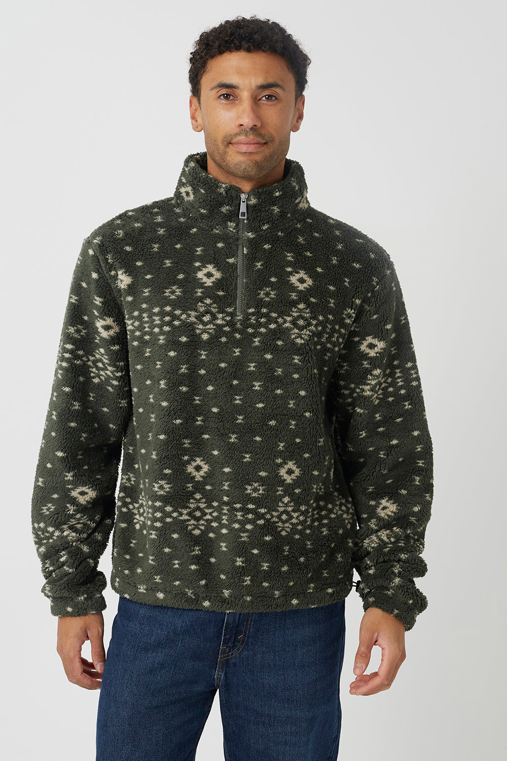 Brave Soul Khaki Patterned Quarter Zip Borg Fleece - Khaki Image 4