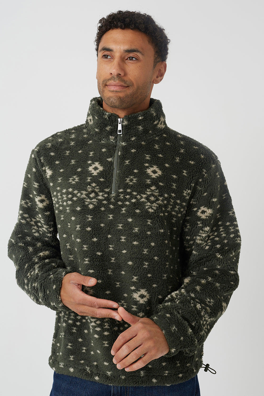 Brave Soul Khaki Patterned Quarter Zip Borg Fleece - Khaki Image 1